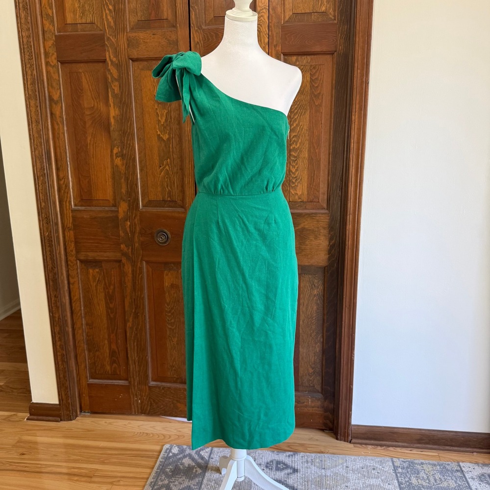 Heidi‎ Merrick California One Shoulder Linen Sheath Dress Size 4 Kelly Green